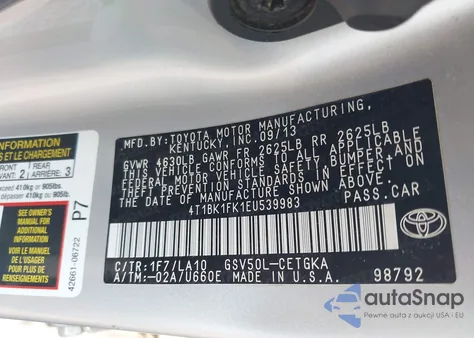 2014 Toyota Camry Xle V6 from USA, damaged, VIN 4T1BK1FK1EU539983